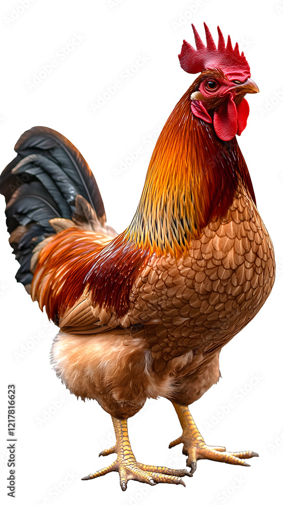 Fototapeta premium Brown rooster in full-body view, displaying its vibrant plumage and confident stance on a transparent background