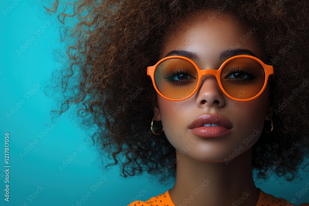 Promotional graphic layout featuring a model with curly hair and trendy orange glasses Promotional graphic layout featuring a model with curly hair and trendy orange glasses