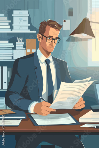 Businessman Reviewing Insurance Claim Form and Documents in Office for Protection and Coverage