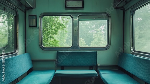 First-class train compartment equipped with blue seats photo