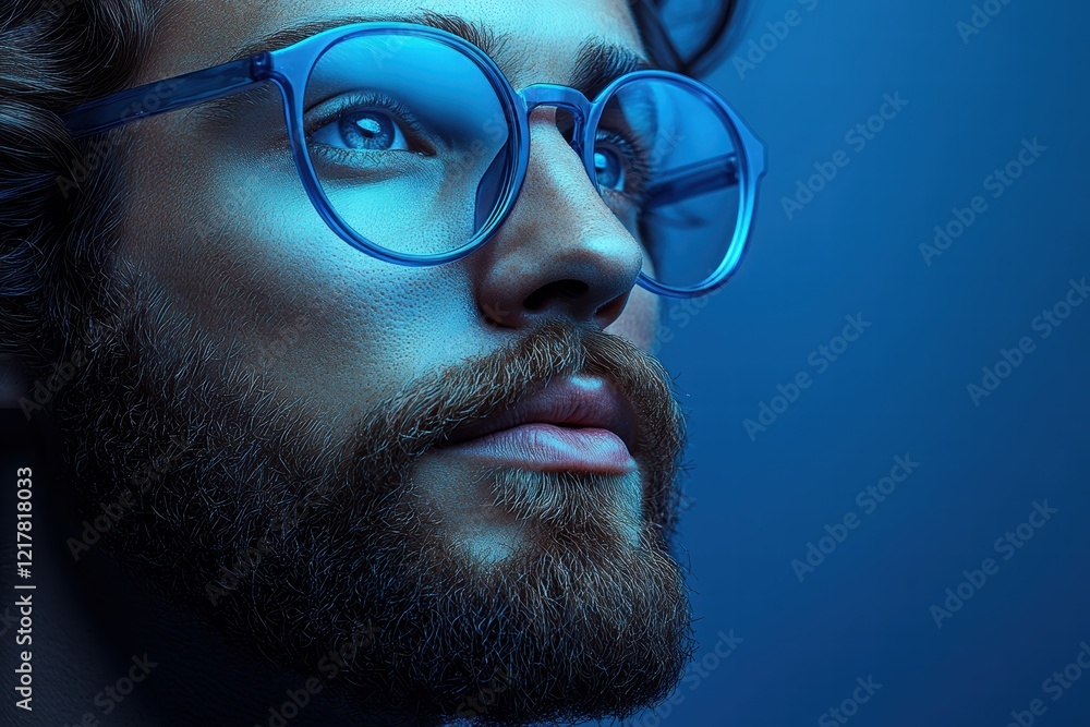 Creative graphic layout for promotional flyer showcasing an individual with stylish eyewear Creative graphic layout for promotional flyer showcasing an individual with stylish eyewear
