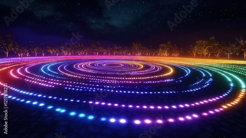 A mesmerizing display of concentric circles of vibrant lights under a starry night sky photo