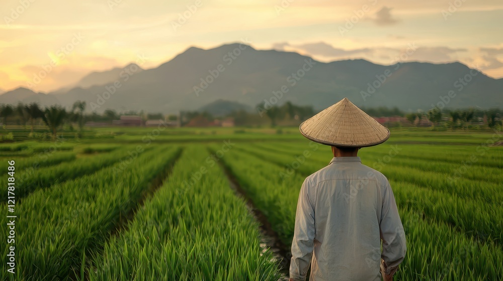 A farmer in a straw hat walks through lush green rice fields under a sunset, with mountains in the background. A farmer in a straw hat walks through lush green rice fields under a sunset, with mountains in the background.