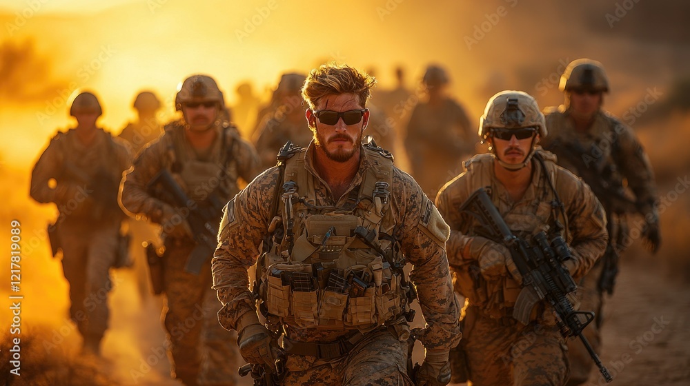Fototapeta premium Soldiers Advance Through Desert at Sunset