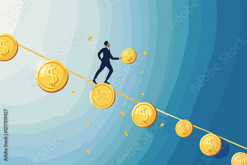 Businessman Struggling to Balance Golden Coins on Taut Rope in Financial Abstract