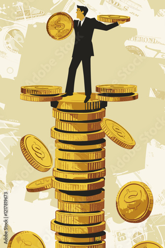 Businessman Struggling to Balance Golden Coins on Taut Rope in Financial Abstract