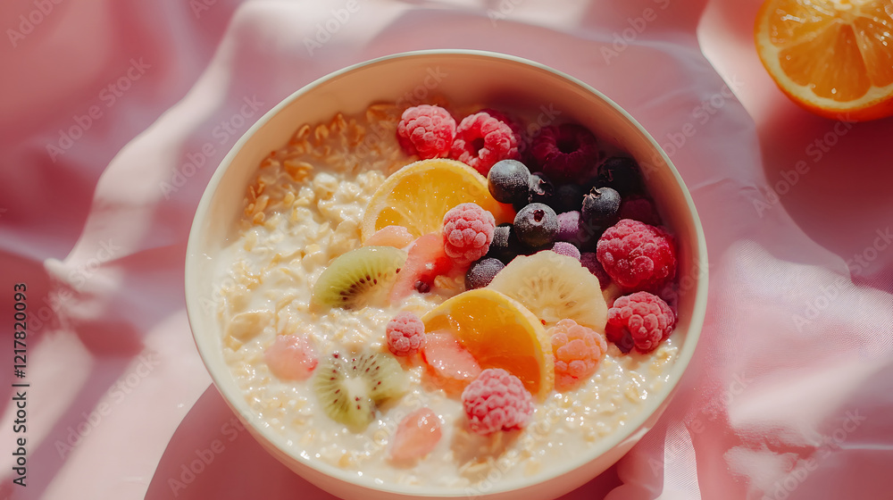 Bright oatmeal bowl topped with fresh kiwi, orange slices, raspberries, blueberries and lemon placed on soft pink trendy background. Healthy and colorful breakfast concept Bright oatmeal bowl topped with fresh kiwi, orange slices, raspberries, blueberries and lemon placed on soft pink trendy background. Healthy and colorful breakfast concept