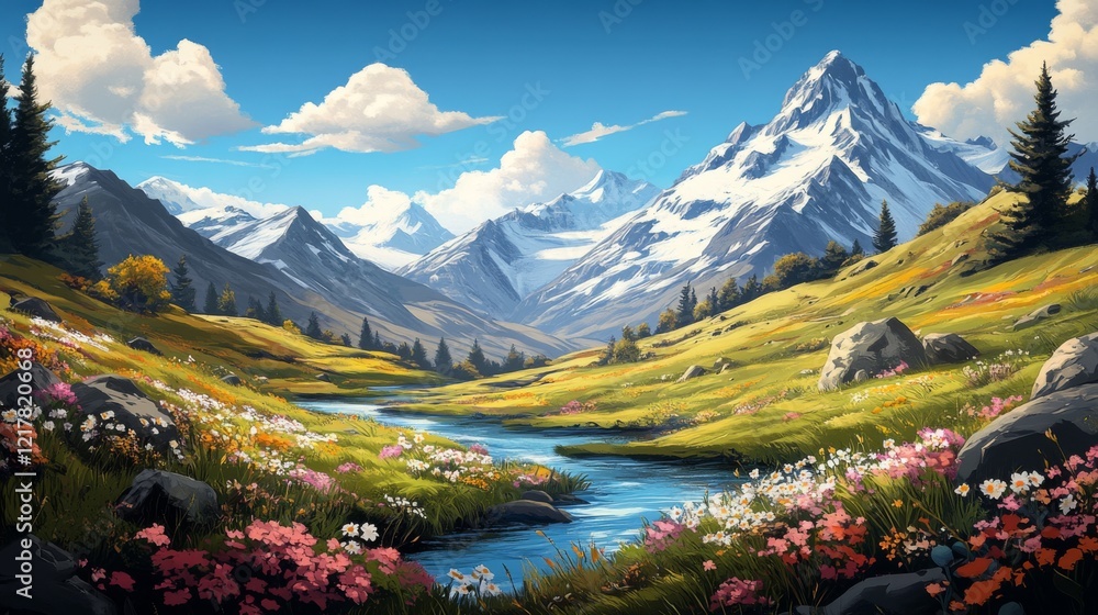 Fototapeta premium Idyllic mountain landscape with snow-capped peaks, a meandering stream, and vibrant wildflowers under a clear blue sky, embodying serene natural beauty.
