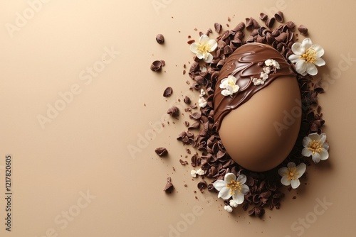 Flat lay photograph of an Easter egg, with one half covered in chocolate and the other side decorated with flowers, on a pastel background. Minimalist composition for Easter and spring. Copy space.