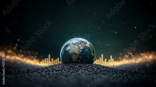 Global growth, earth rising, data visualization, night sky, business concept