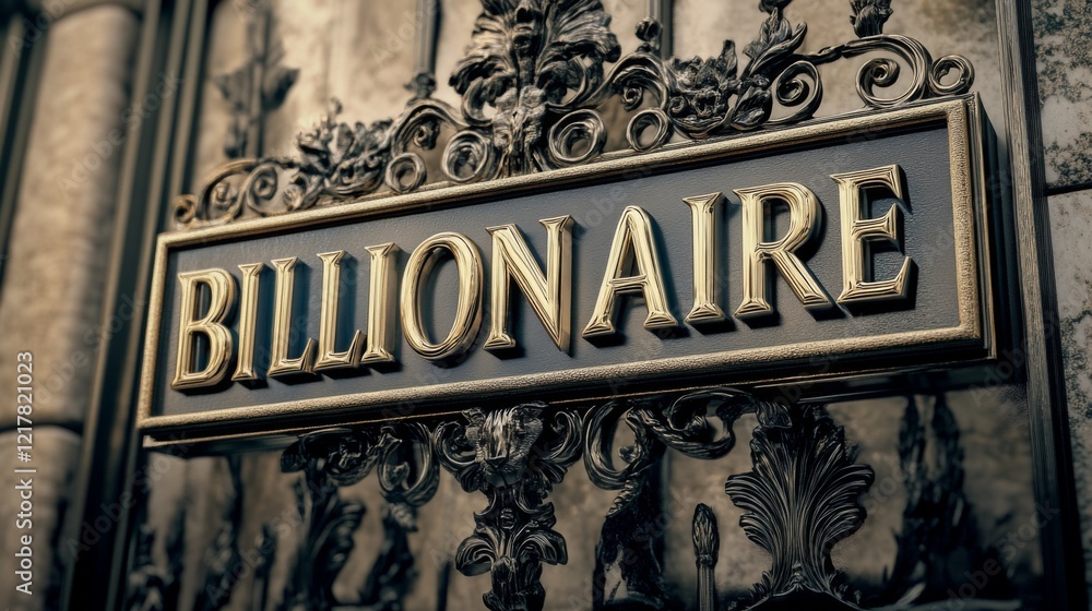 Obraz premium A luxurious wrought iron gate with the word 'Billionaire' elegantly embossed, representing affluence, exclusivity, and the opulent grandeur of elite lifestyles.