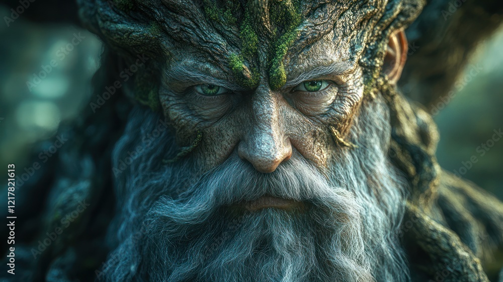 Forest Elder's Glaring Close-up, Mystical Background Forest Elder's Glaring Close-up, Mystical Background