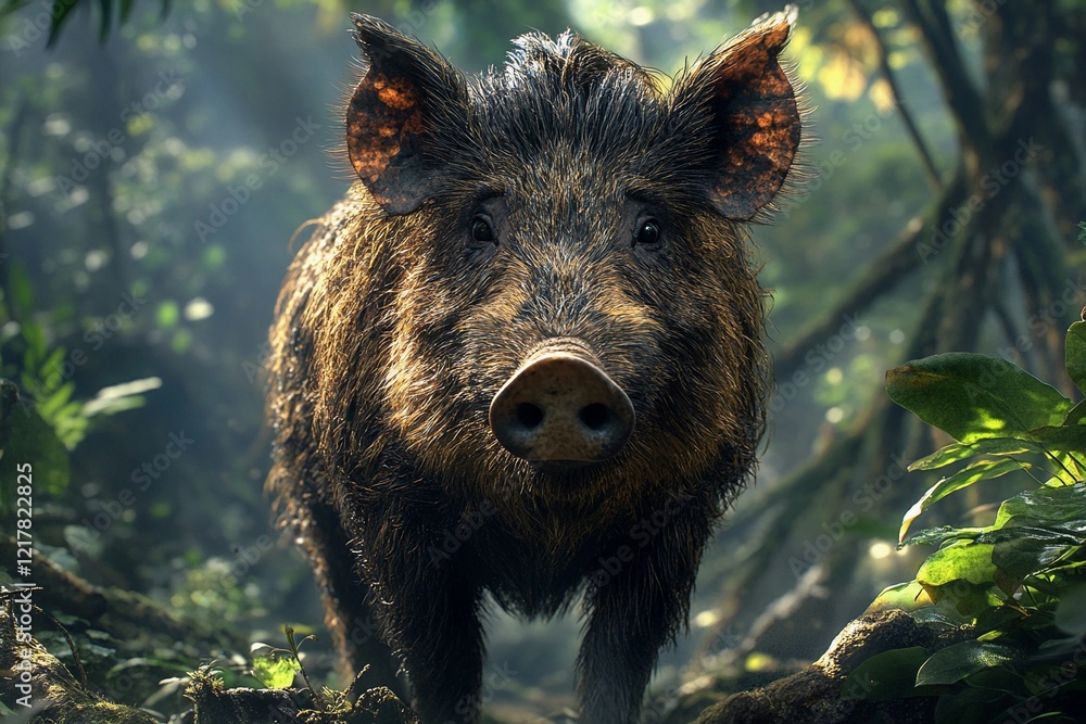 A wild boar stands curiously in a vibrant rainforest as dappled sunlight breaks through the tree canopy above, creating a serene atmosphere. Generative AI A wild boar stands curiously in a vibrant rainforest as dappled sunlight breaks through the tree canopy above, creating a serene atmosphere. Generative AI