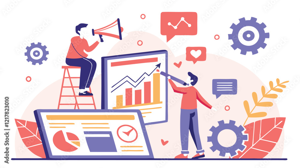 Digital Marketing Professional Analyzing Graphs with Social Media Icons and Creative Tools in a Vibrant and Modern Vector Illustration for Online Campaigns and Business Branding