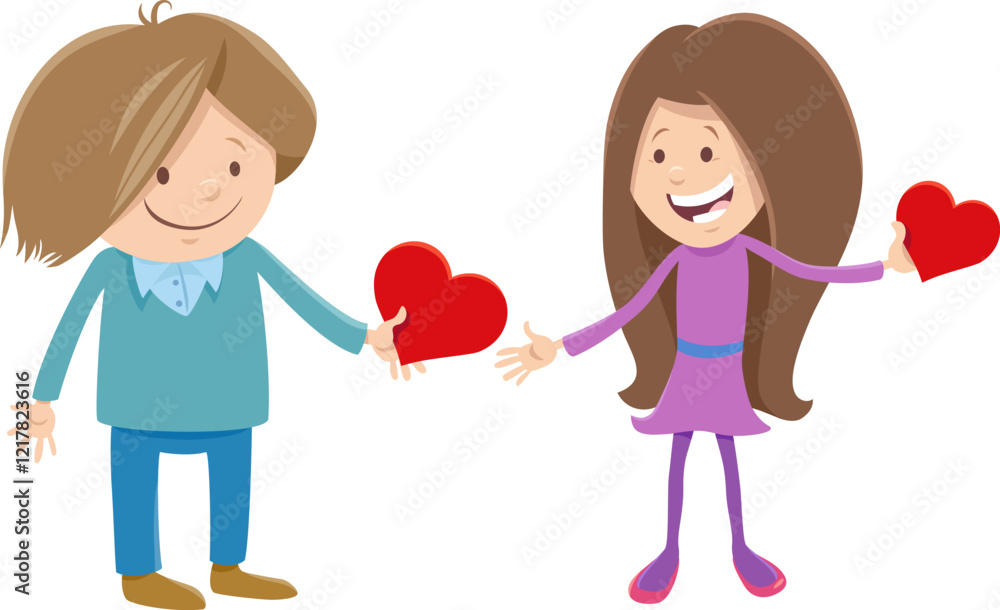 cartoon girl and boy characters with Valentines Day cards cartoon girl and boy characters with Valentines Day cards