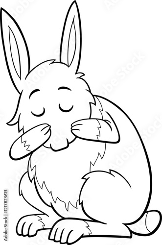 cartoon rabbit animal character washing itself coloring page