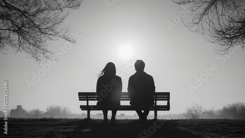 Man and woman sitting apart on bench, rear view, empty park with bare tree branches. Black and white concept of past love and failed relationships