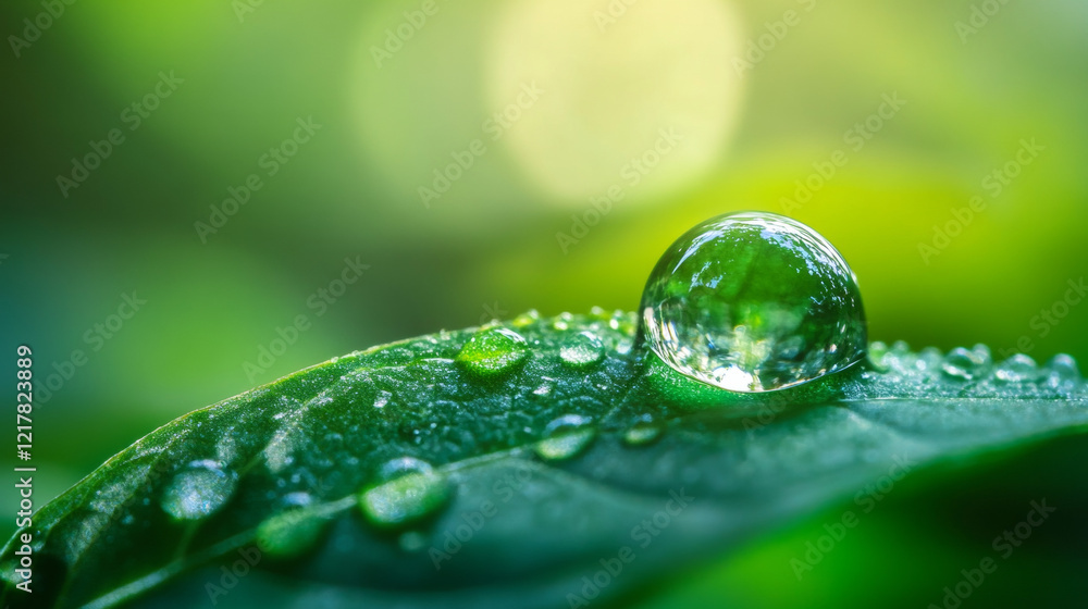 Close-up of a single water droplet on a green leaf with a fully blurred background, capturing nature's delicate beauty and tranquility Close-up of a single water droplet on a green leaf with a fully blurred background, capturing nature's delicate beauty and tranquility