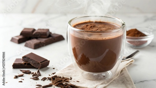 Hot chocolate in a glass cup on a white background