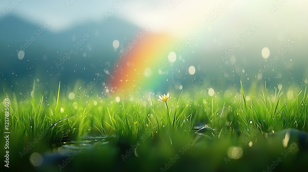 Obraz premium A grass field bathed in rainbow hues with water droplets scattered on the blades and a solitary flower in the foreground