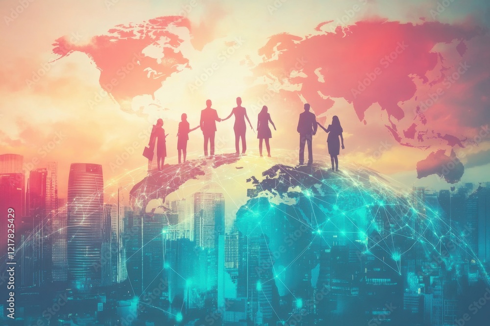 A digital collage of businesspeople standing on top of the world, connected by network lines against an urban skyline Generative AI A digital collage of businesspeople standing on top of the world, connected by network lines against an urban skyline Generative AI