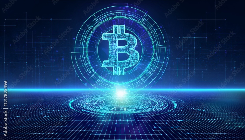a digital rendering of a bitcoin symbol glowing against a blue background, emphasizing the decentralized and futuristic nature of cryptocurrency. The intricate. a digital rendering of a bitcoin symbol glowing against a blue background, emphasizing the decentralized and futuristic nature of cryptocurrency. The intricate.