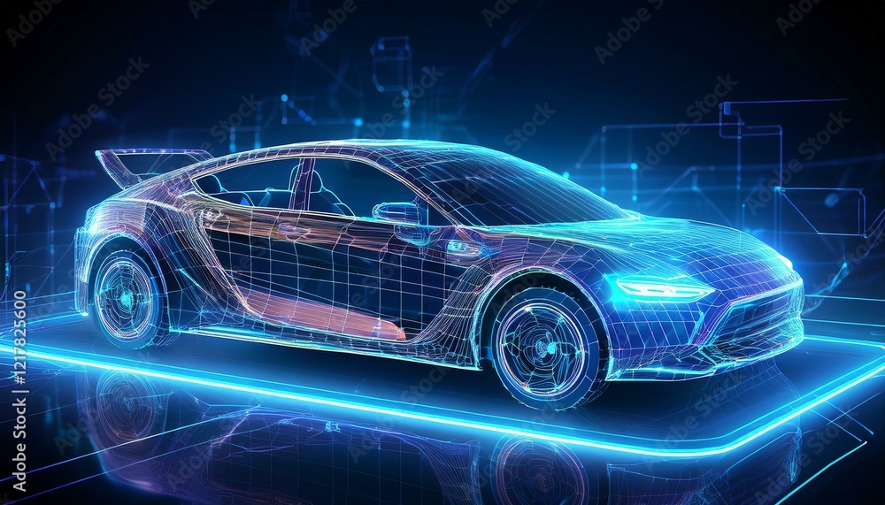 futuristic car rendered with glowing blue lines, displayed on a glowing blue surface, showcasing the concept of a digital car of the future. The car is rendered with realistic detail. futuristic car rendered with glowing blue lines, displayed on a glowing blue surface, showcasing the concept of a digital car of the future. The car is rendered with realistic detail.
