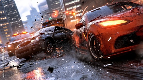 An intense car chase scene featuring a black and orange sports car in a city setting.