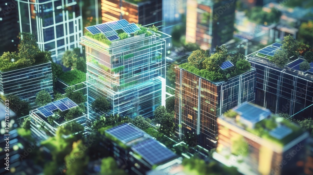 Obraz premium An intricate hologram displaying layered urban layers highlighting sustainable green roofs and solar panels on skyscrapers promoting ecofriendly architecture.