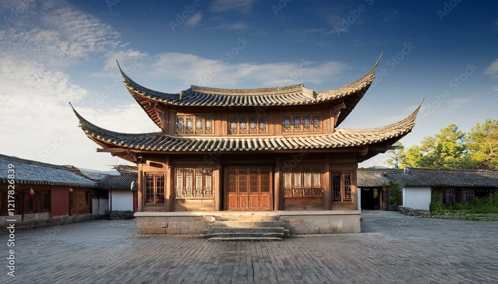 an ancient traditional chinese architecture with curved roof and wooden structure, under a clear blue sky an ancient traditional chinese architecture with curved roof and wooden structure, under a clear blue sky