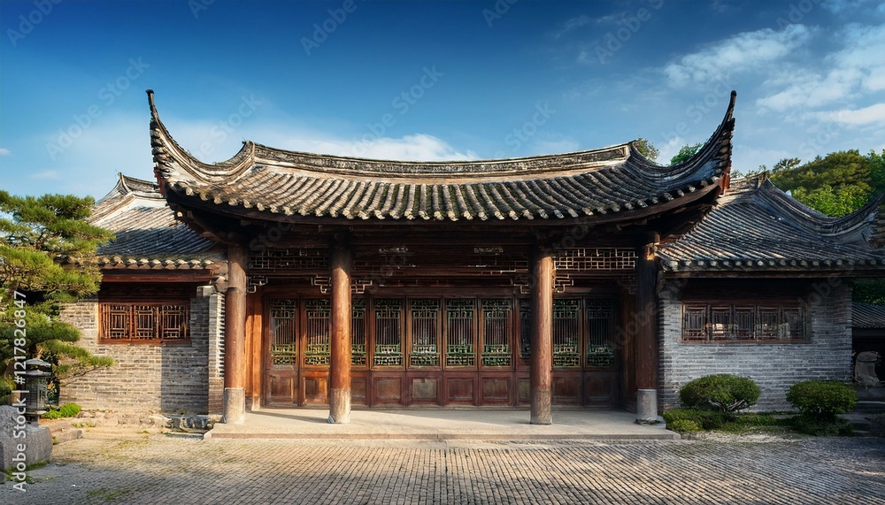 a traditional Chinese house with a curved roof and wooden pillars. The house is surrounded by lush greenery and has a peaceful and serene atmosphere. a traditional Chinese house with a curved roof and wooden pillars. The house is surrounded by lush greenery and has a peaceful and serene atmosphere.