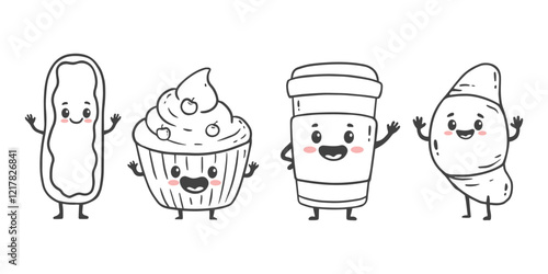 set of cartoon food characters isolated on white. Cup of coffee croissant,  eclair and cupcake in doodle style. Vector illustration