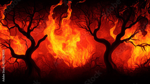 Dramatic wildfire scene with bright flames consuming trees in a dark forest.
