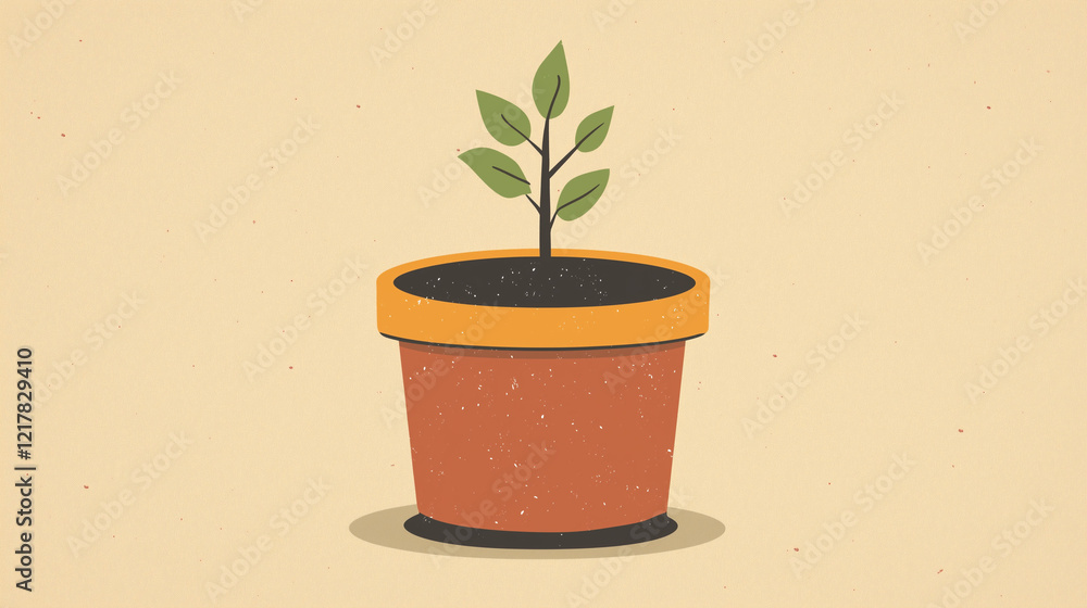 Fototapeta premium Young Plant Growing in a Terracotta Pot on a Cream Background, Representing Growth