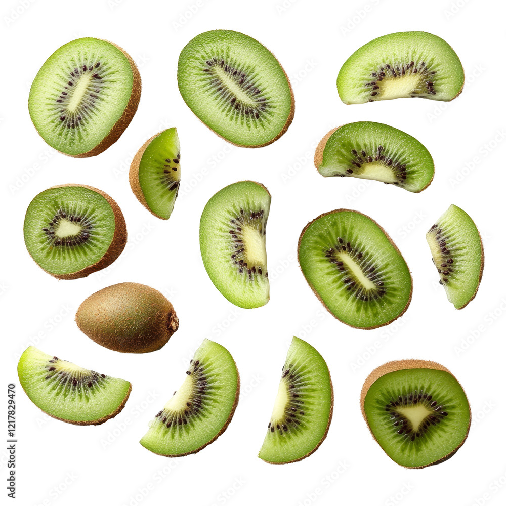Fototapeta premium Fresh kiwi fruit and sliced segments arranged beautifully on a transparent background for a healthy snack presentation, kiwi fruit and his sliced segments isolated on transparent background
