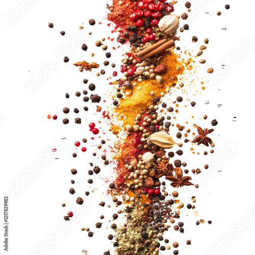 Colorful spices gracefully float in the air against a transparent background during a culinary showcase, Various colorful of spices floating on the air isolated on transparent background or photo