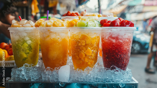 Colorful iced fruit drinks with mixed fruit slices in plastic cups at a market stall photo