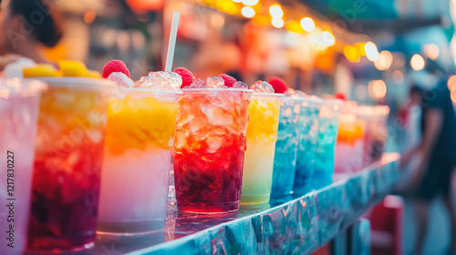 Colorful fruit drinks with ice and bright hues at a market stall photo