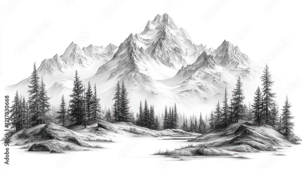 Fototapeta premium Majestic monochrome mountain range, forest foreground, serene lake, pencil sketch, nature art