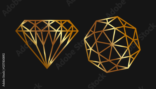 Diamonds golden stroke logo design side view and top view. Isolated on black background. Vector design.
