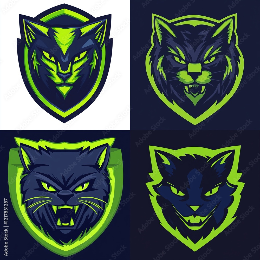 Fototapeta premium Four fierce cat mascot designs in green and dark blue.