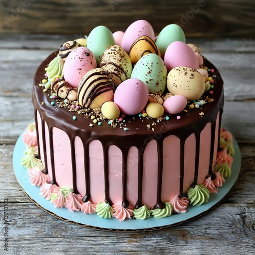 A chocolate cake with pastel colored eggs and sprinkles on a blue plate on a wooden table
