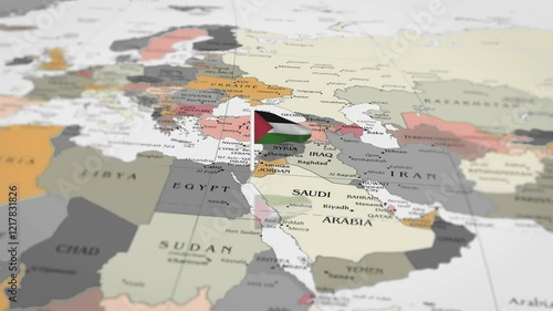 The camera rotating around Palestine flag on the world map takes the focus. Palestine flag waving on the map 4K Animation.