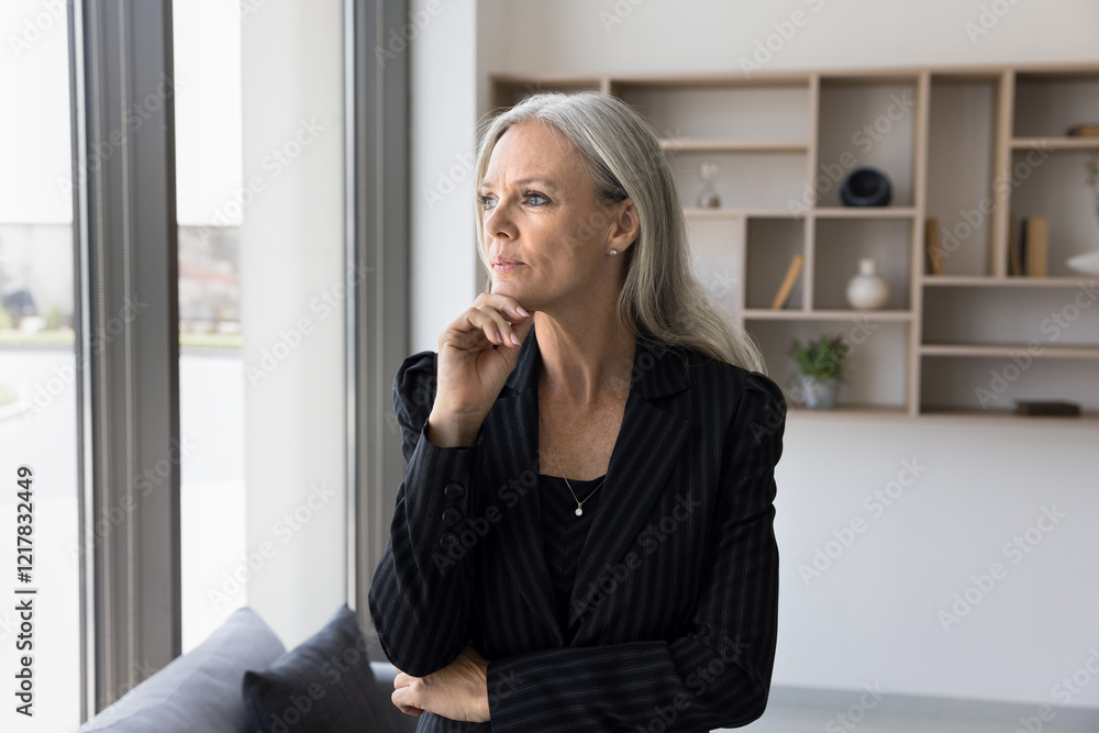 Professional 50s businesswoman in formal suit looking out window with pensive, thoughtful expression, ponder on upcoming project details, search issue solution, feels concerned standing in workspace Professional 50s businesswoman in formal suit looking out window with pensive, thoughtful expression, ponder on upcoming project details, search issue solution, feels concerned standing in workspace