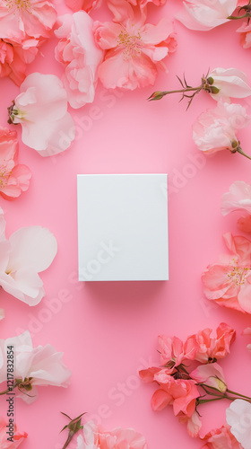 A white box in the middle of a pink floral background