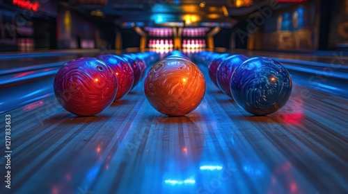 Bowling Alley Night Scene: Colorful Bowling Balls on Gleaming Lanes photo