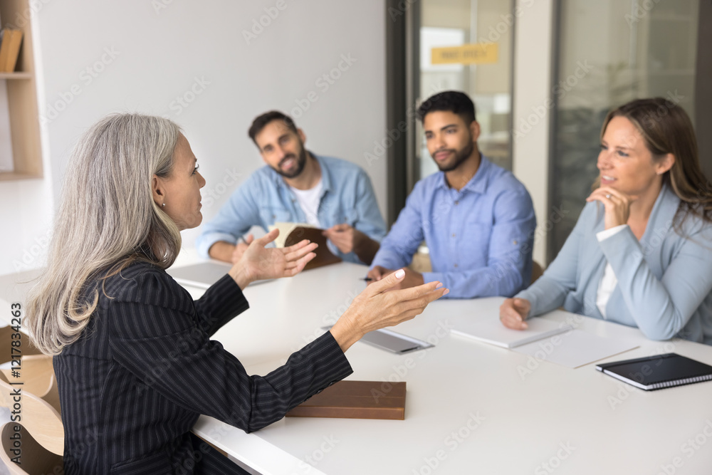 Mature businesswoman hold negotiation with company shareholders. Diverse staff members participate in seminar, briefing event conduct by experienced female boss, sharing upcoming projects or strategy Mature businesswoman hold negotiation with company shareholders. Diverse staff members participate in seminar, briefing event conduct by experienced female boss, sharing upcoming projects or strategy