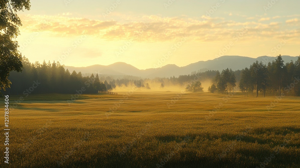 Naklejka premium Serene Dawn Meadow with Soft Light and Dramatic Background