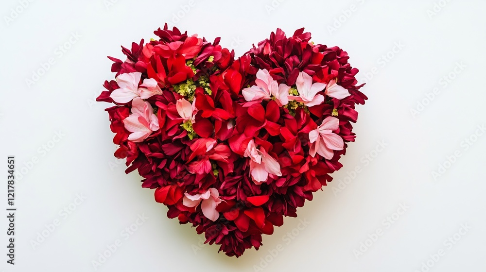 Heart shaped flower arrangement with red and pink petals set on a white background for a romantic gesture Heart shaped flower arrangement with red and pink petals set on a white background for a romantic gesture