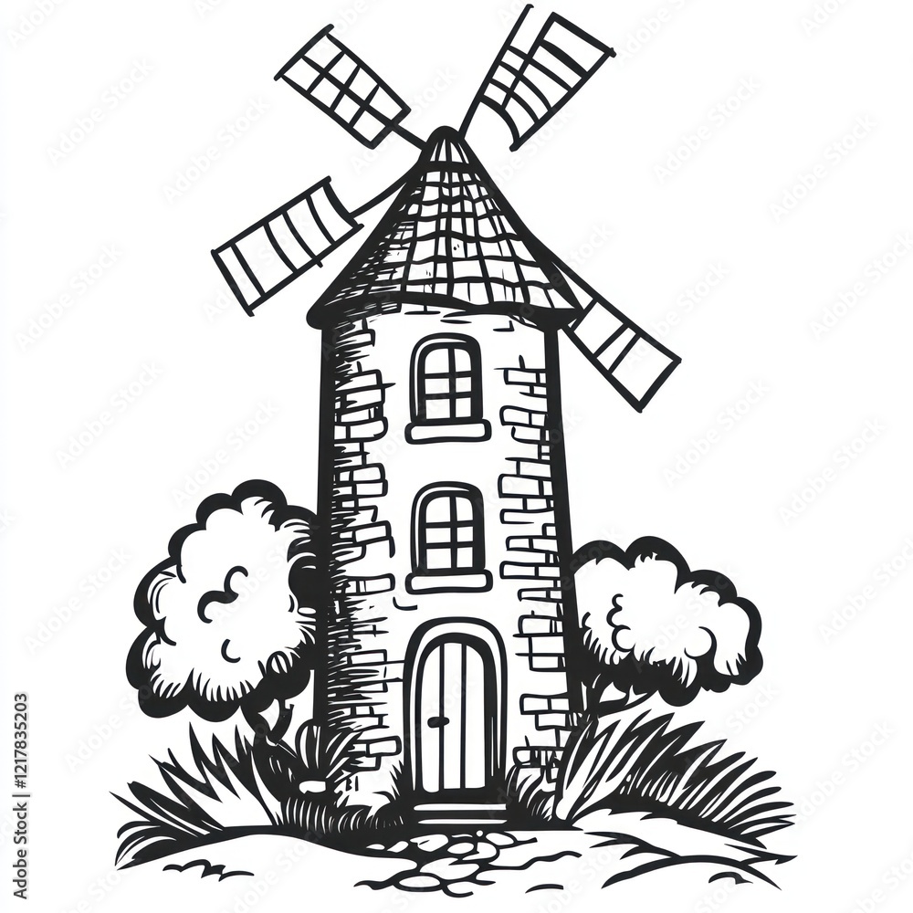 Fototapeta premium Stone windmill illustration with trees and grass.